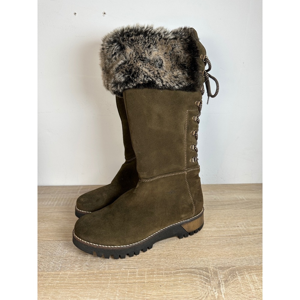 Bos & Co. Olive Green Suede Faux Fur Trim Lace Up Back Winter Boots Size 39